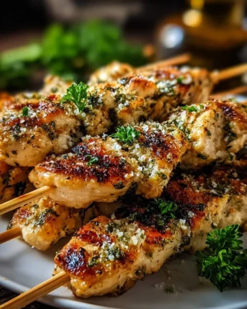 Delicious Air Fryer Garlic Parmesan Chicken Skewers on a plate