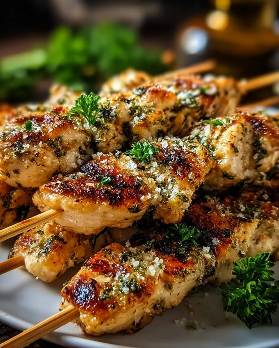 Delicious Air Fryer Garlic Parmesan Chicken Skewers on a plate