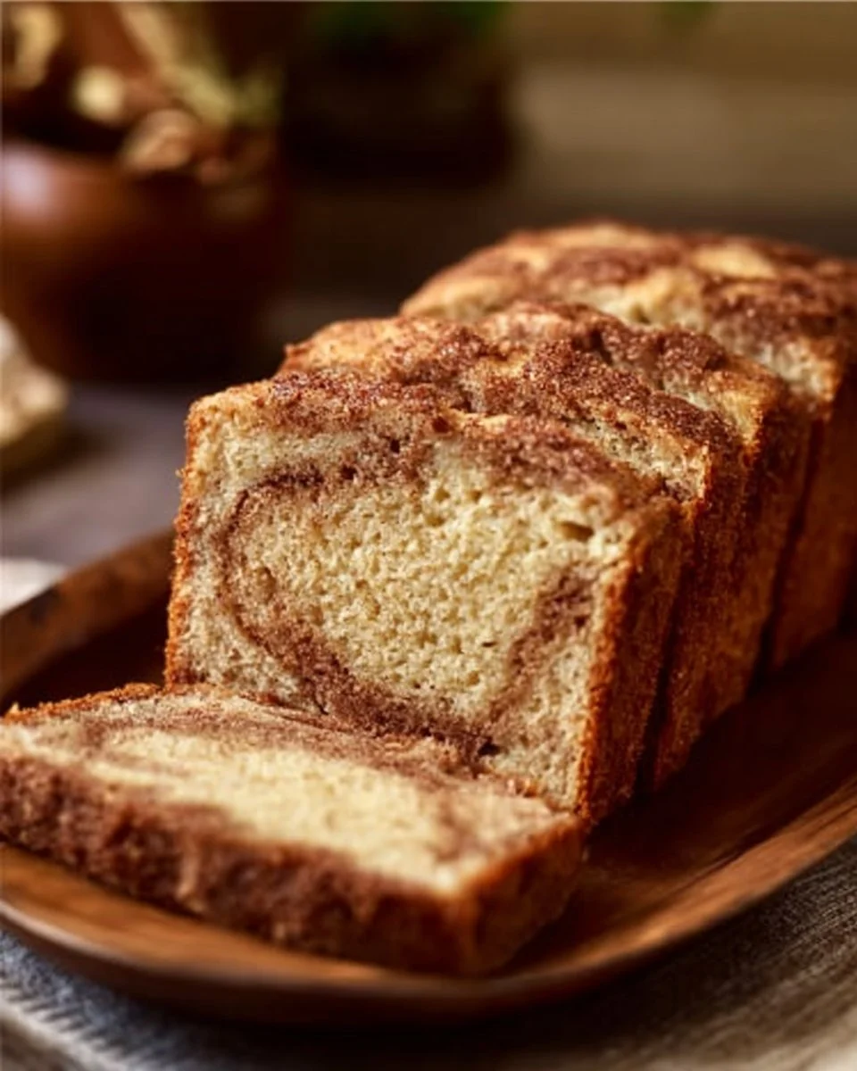 Loaf of homemade Amish cinnamon bread with a fragrant cinnamon swirl.