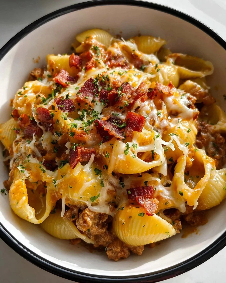 Delicious Bacon Cheeseburger Pasta featuring ground beef and cheese