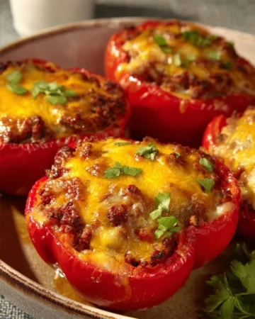 Bacon cheeseburger stuffed peppers filled with ground beef and cheese