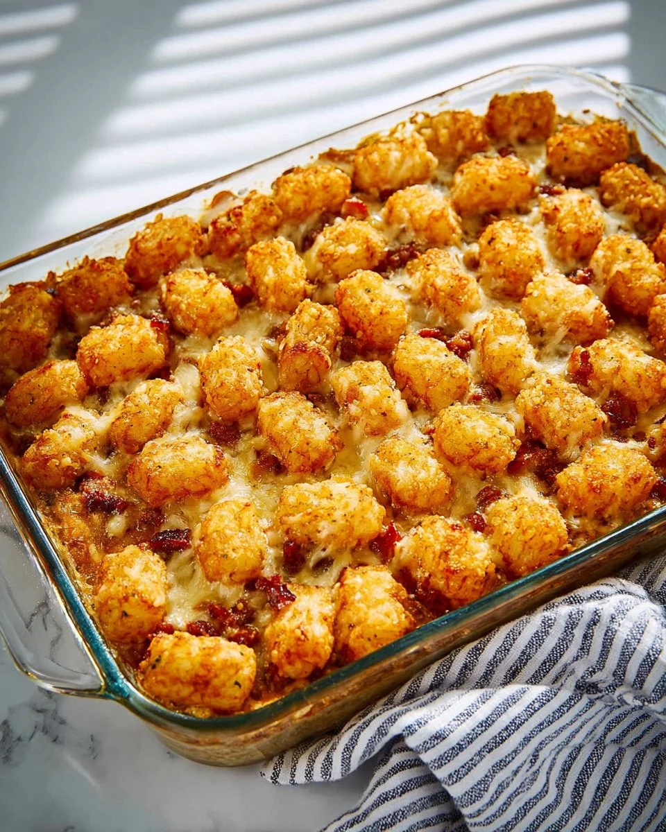Bacon cheeseburger casserole with tater tots, topped with cheese and bacon