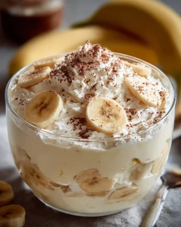 Delicious banana pudding cheesecake fluff dessert in a glass with whipped cream
