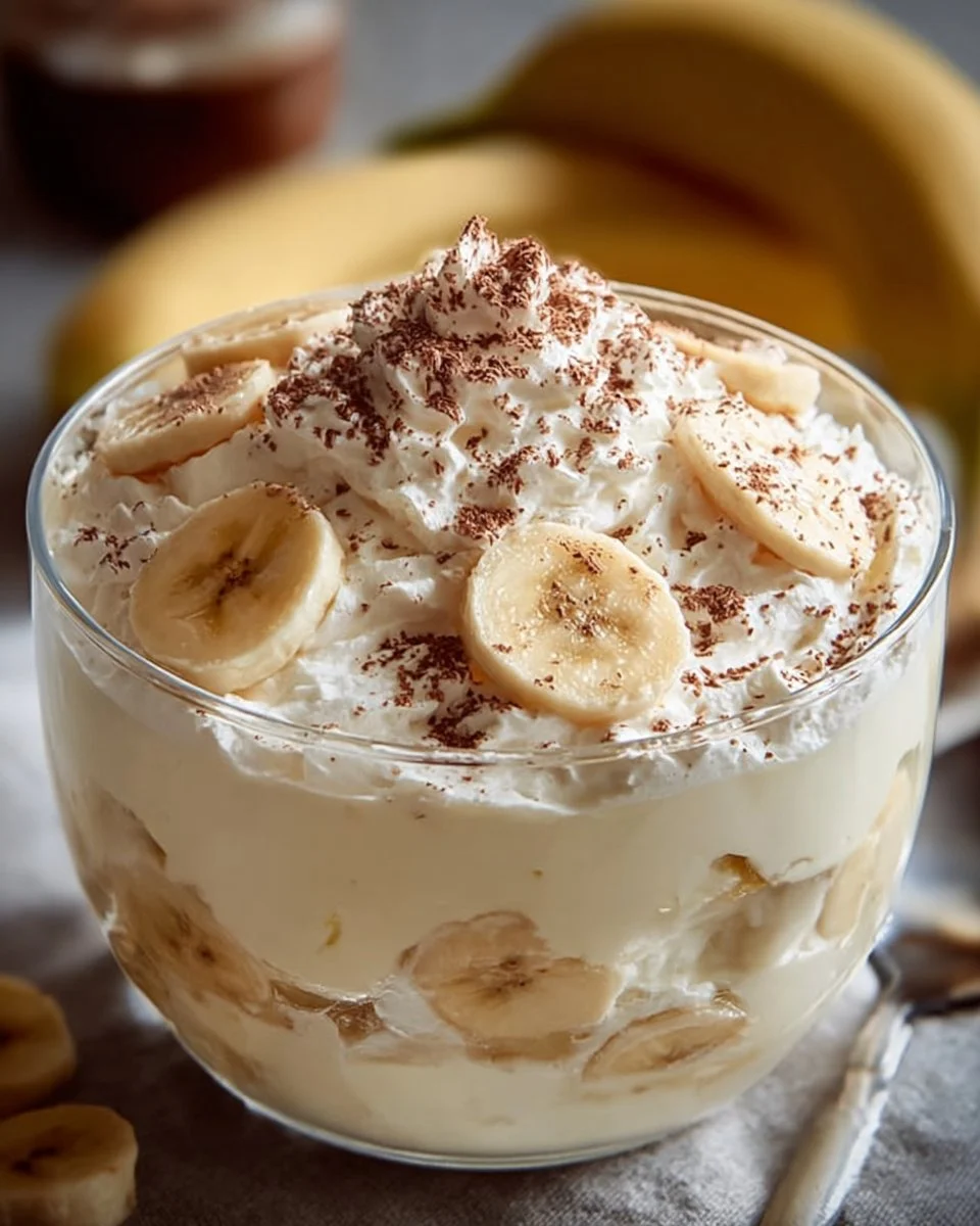 Delicious banana pudding cheesecake fluff dessert in a glass with whipped cream