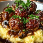 Delicious beef meatballs in creamy mushroom gravy served in a bowl.