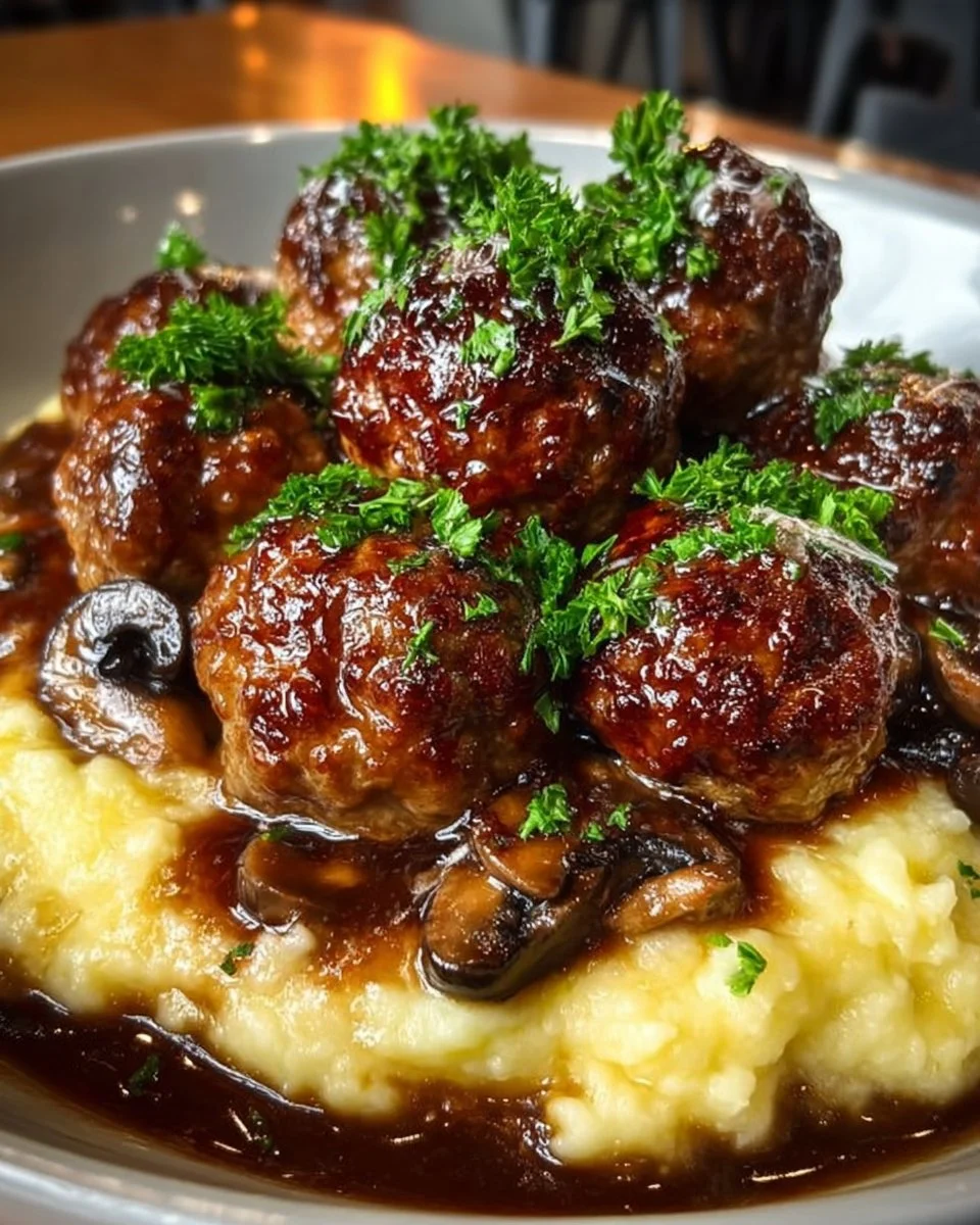 Delicious beef meatballs in creamy mushroom gravy served in a bowl.