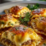 Homemade Beef Wellington Ravioli served with a rich sauce