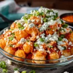 Buffalo Chicken Tater Tot Nachos topped with cheese, green onions, and spicy buffalo sauce