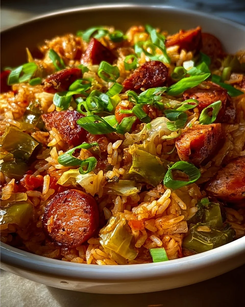 Plate of Cajun Cabbage Jambalaya garnished with herbs and spices