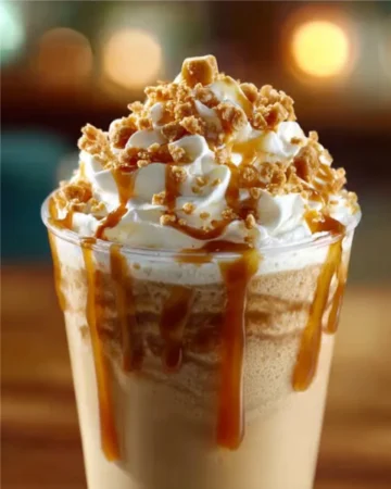 Delicious Caramel Frappuccino topped with whipped cream and caramel drizzle