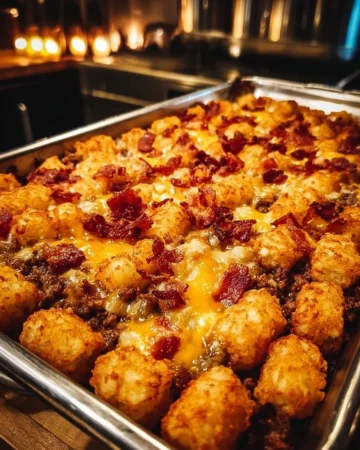 Cheesy Chicken Bacon Ranch Tater Tot Casserole topped with crispy bacon and melty cheese