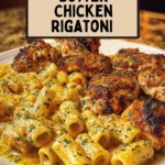 Cheesy Garlic Butter Chicken Rigatoni in creamy Alfredo sauce dish