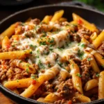 Cheesy Ground Beef Pasta Skillet in a pan, garnished with herbs.