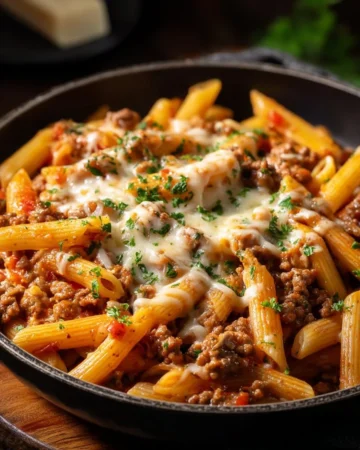 Cheesy Ground Beef Pasta Skillet in a pan, garnished with herbs.