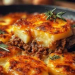 Delicious cheesy potatoes casserole with minced beef baked to perfection