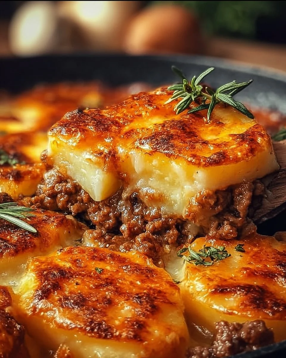 Delicious cheesy potatoes casserole with minced beef baked to perfection