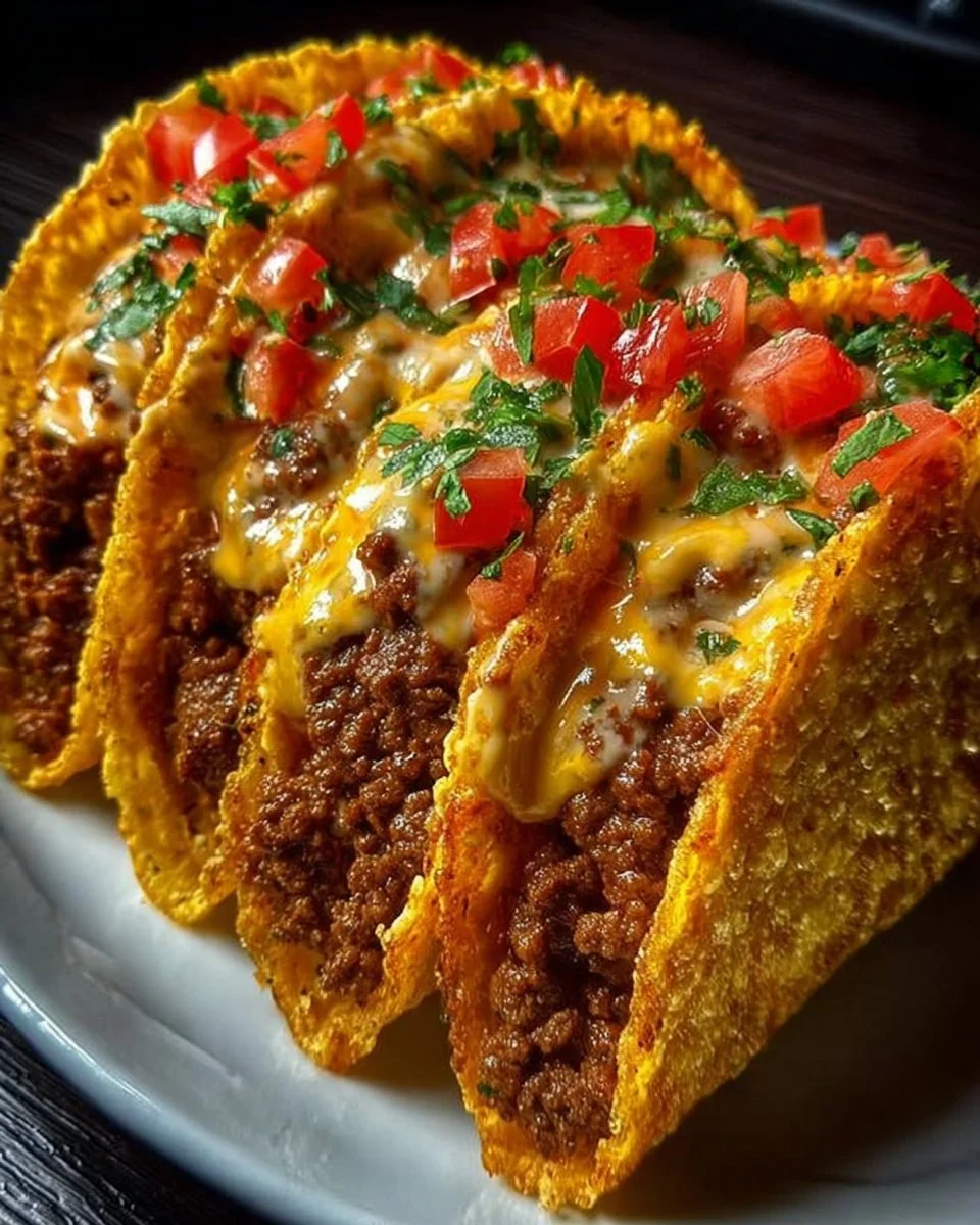 Cheesy Rotel Tacos topped with creamy cheese and flavorful ingredients.