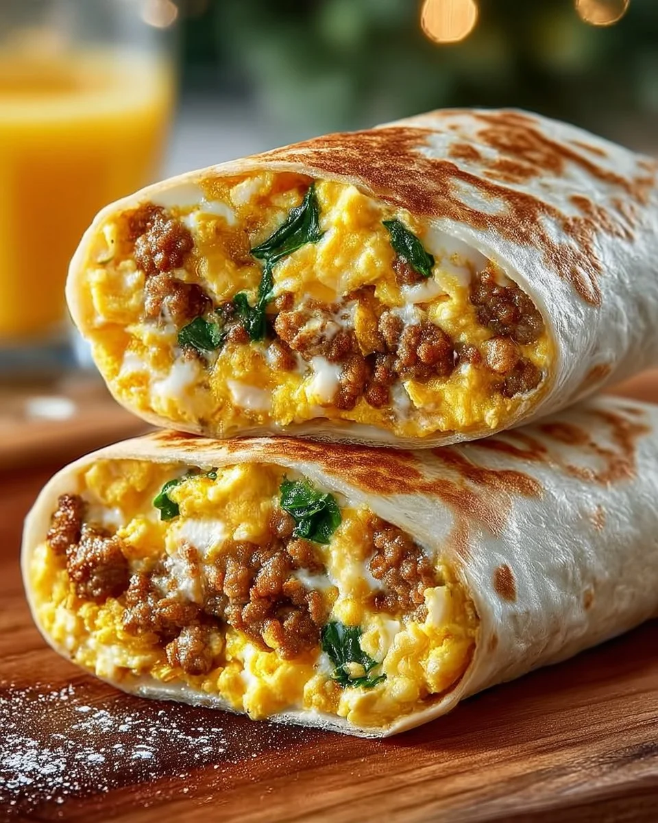 Cheesy sausage and egg wraps on a plate for breakfast inspiration