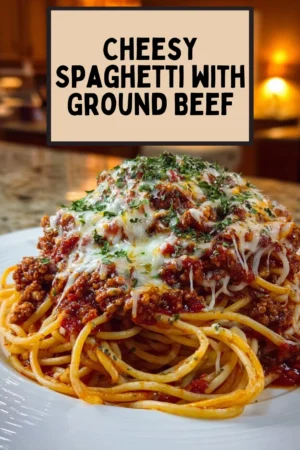 Cheesy Spaghetti with Ground Beef and Velveeta Marinara Sauce in a delicious serving
