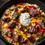 Delicious cheesy steak served with queso rice, a flavorful culinary delight.