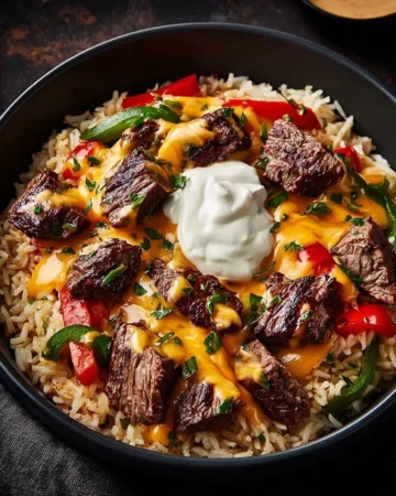 Delicious cheesy steak served with queso rice, a flavorful culinary delight.