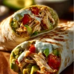 Delicious Chicken Avocado Ranch Burrito wrapped in a tortilla with fresh ingredients