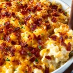 Delicious Chicken Bacon Ranch Mac and Cheese Casserole topped with crispy bacon