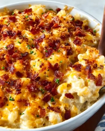 Delicious Chicken Bacon Ranch Mac and Cheese Casserole topped with crispy bacon