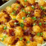 Chicken Bacon Ranch Tater Tot Casserole topped with crispy tater tots and bacon