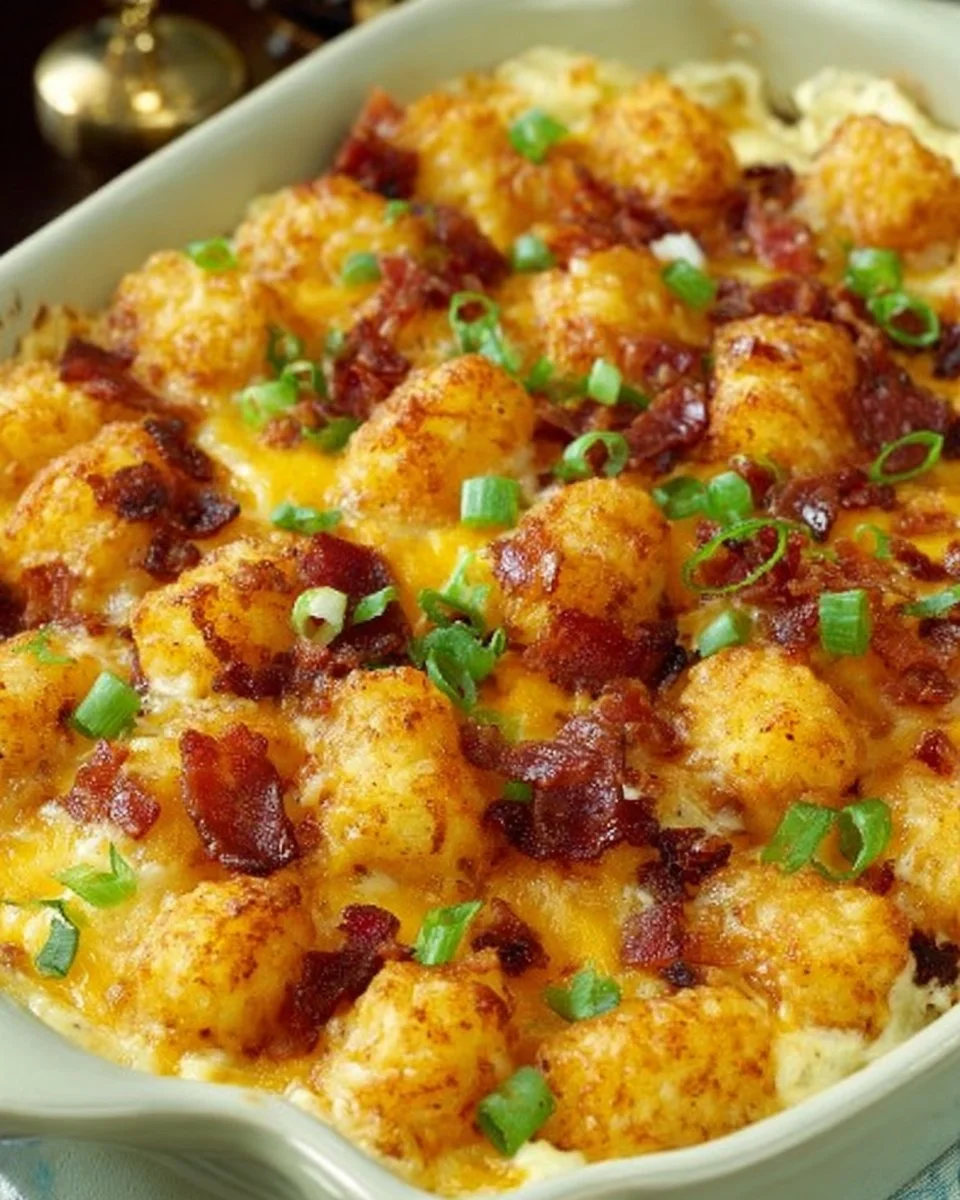 Chicken Bacon Ranch Tater Tot Casserole topped with crispy tater tots and bacon