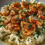 Delicious Chicken Scampi served with creamy garlic Parmesan rice.