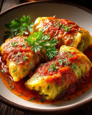 Delicious Polish Gołąbki stuffed cabbage rolls with tomato sauce on a plate.