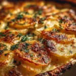 Creamy au gratin potatoes baked to perfection with cheese and herbs