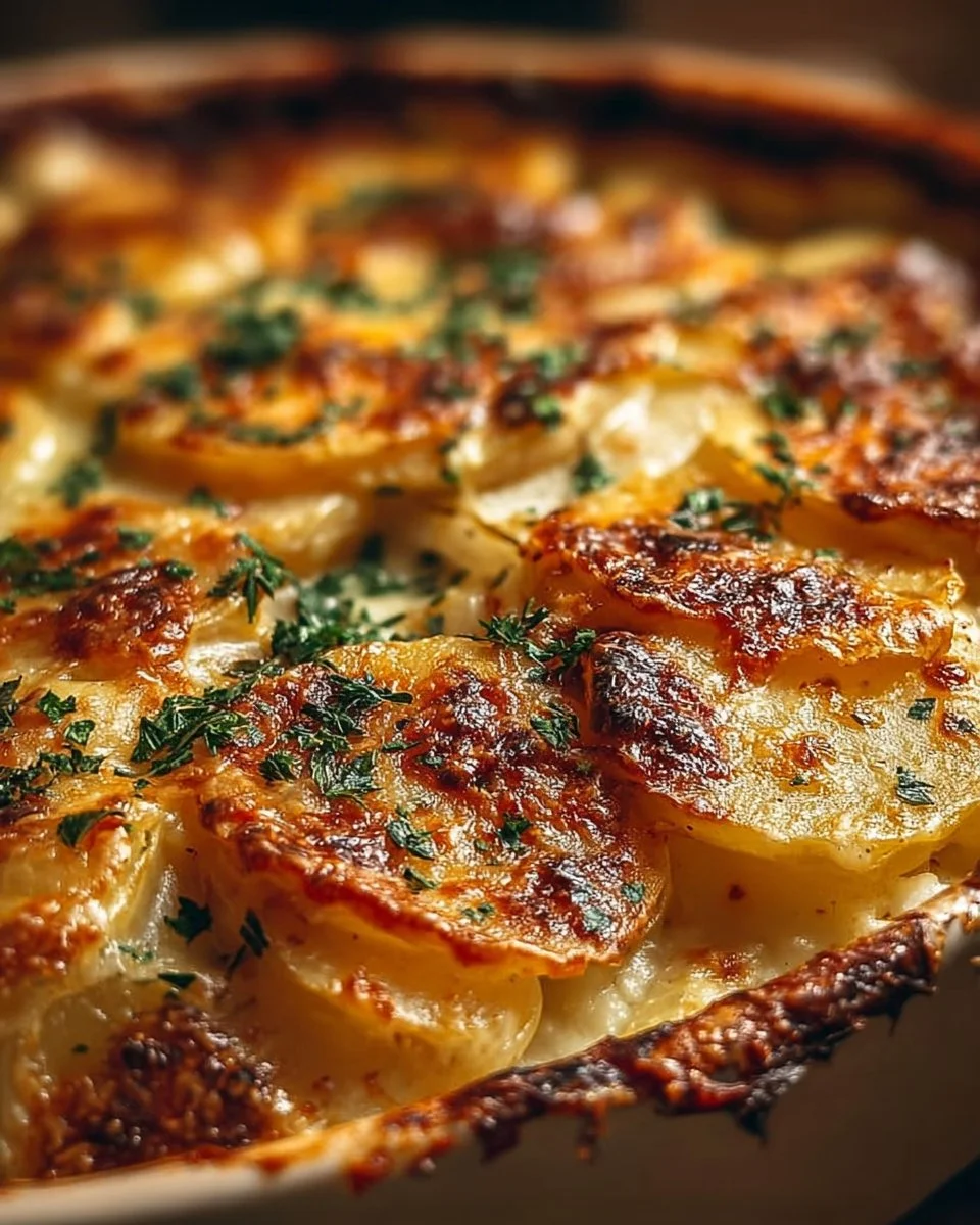 Creamy au gratin potatoes baked to perfection with cheese and herbs