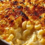 Creamy baked mac and cheese topped with a golden crust