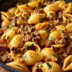 Delicious creamy beef and shells pasta dish, high in protein for a filling meal.