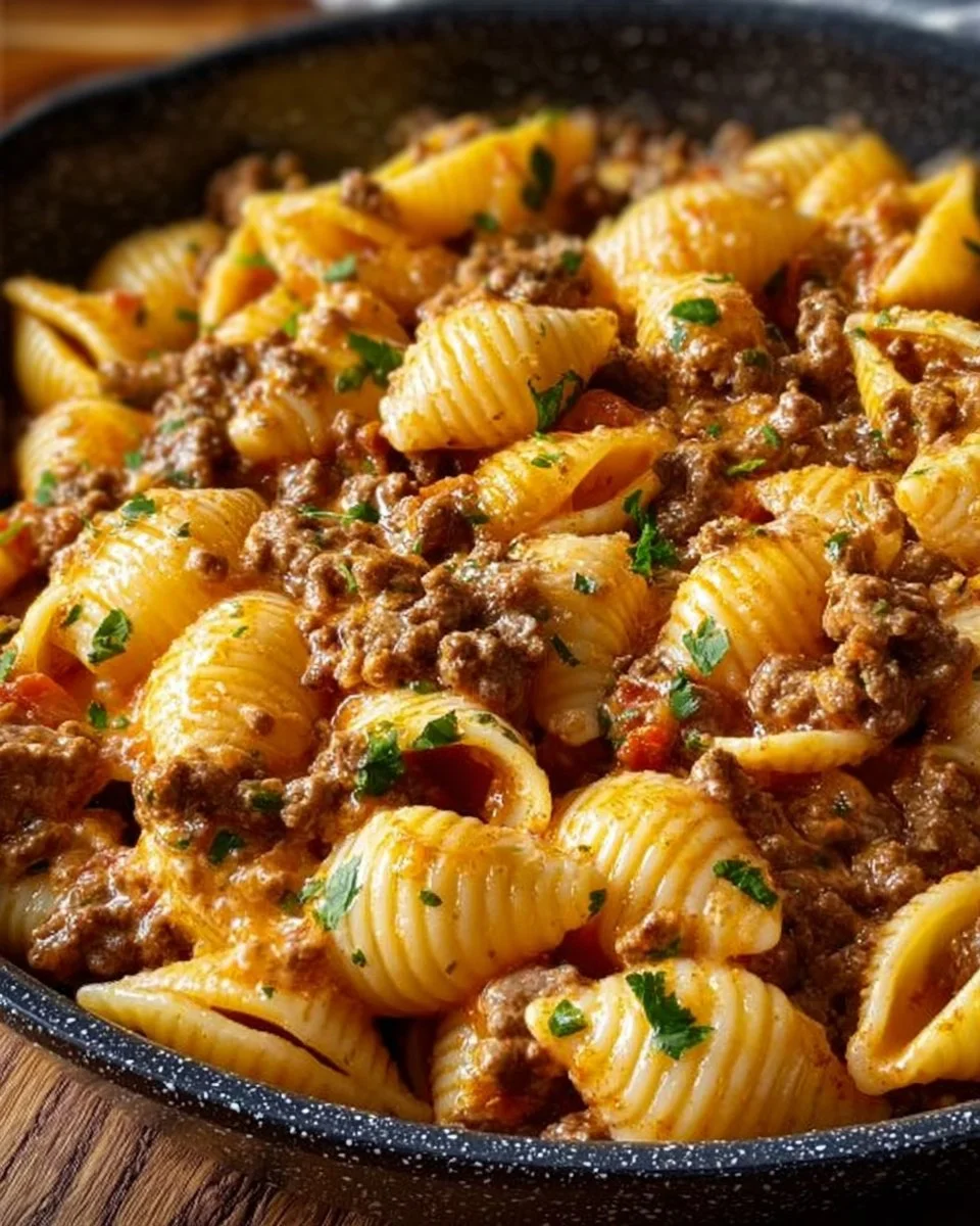 Delicious creamy beef and shells pasta dish, high in protein for a filling meal.