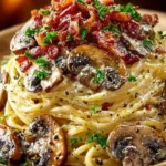 Creamy mushroom and bacon spaghetti dish garnished with herbs