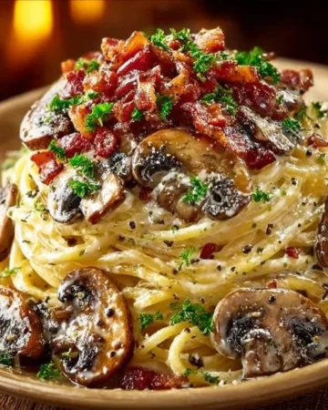 Creamy mushroom and bacon spaghetti dish garnished with herbs