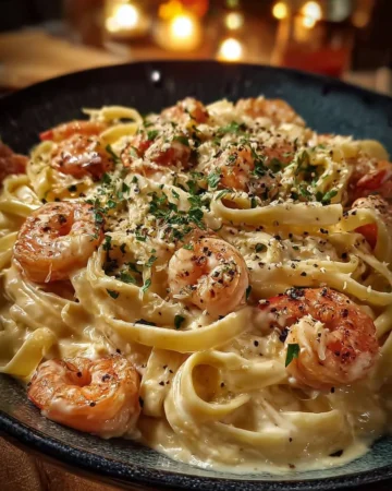 Creamy Parmesan Garlic Shrimp Pasta served in a bowl