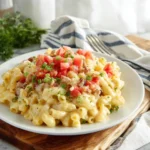 Creamy Ranch Beef Macaroni Skillet with beef, pasta, and ranch seasoning in a skillet
