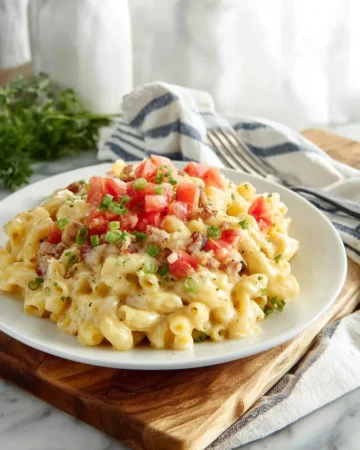Creamy Ranch Beef Macaroni Skillet with beef, pasta, and ranch seasoning in a skillet
