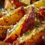 Crispy baked garlic parmesan potato wedges on a plate