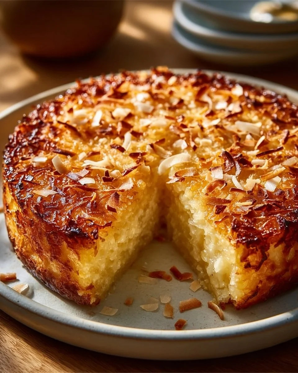 Delicious crustless coconut pie topped with coconut flakes