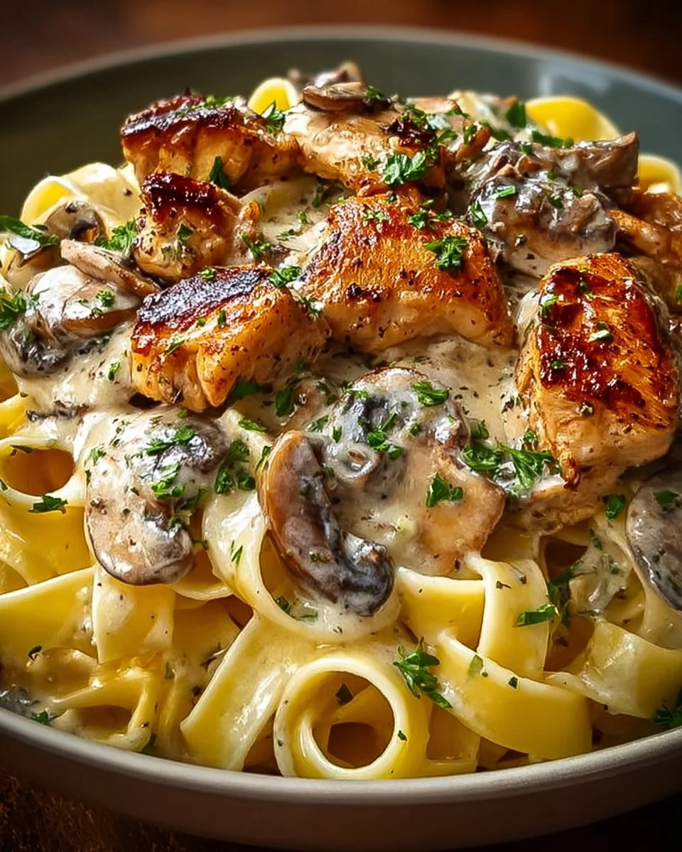 Plate of decadent chicken mushroom pasta with creamy sauce and fresh herbs