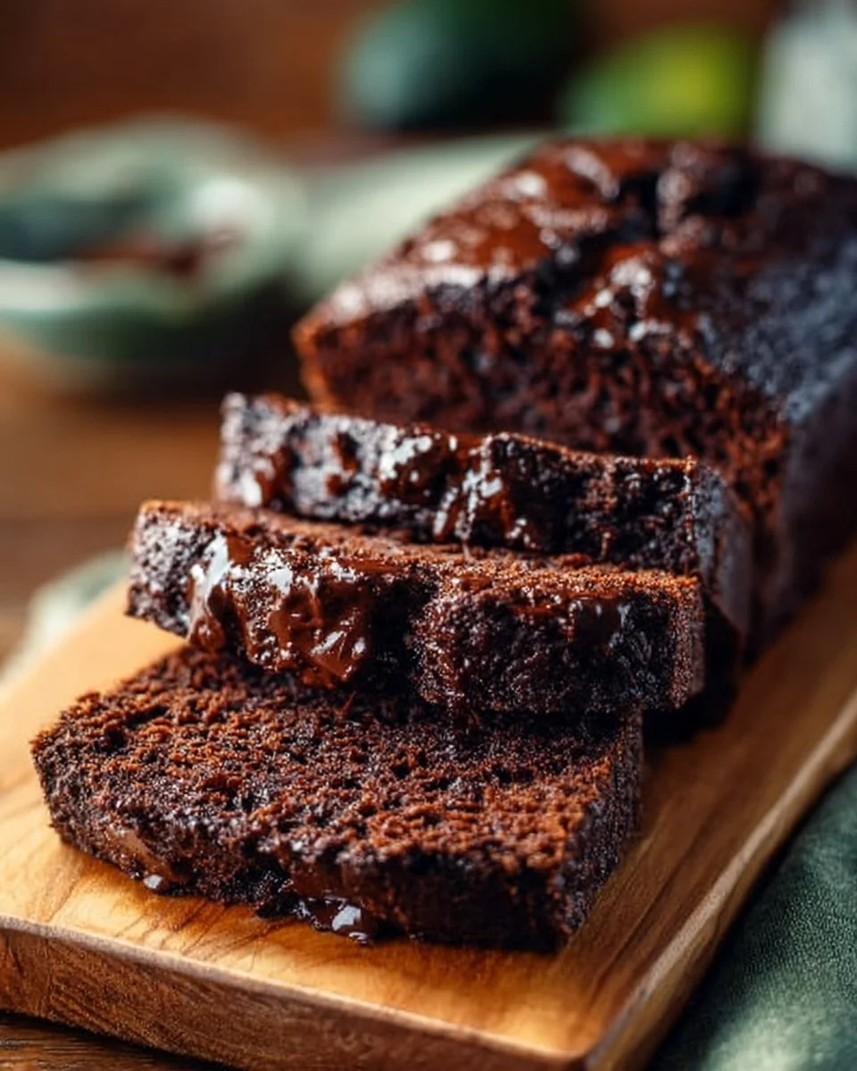 Sliced double chocolate zucchini bread on a wooden cutting board