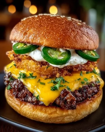 Double-Decker Jalapeño Popper Smash Burger served with ranch drizzle