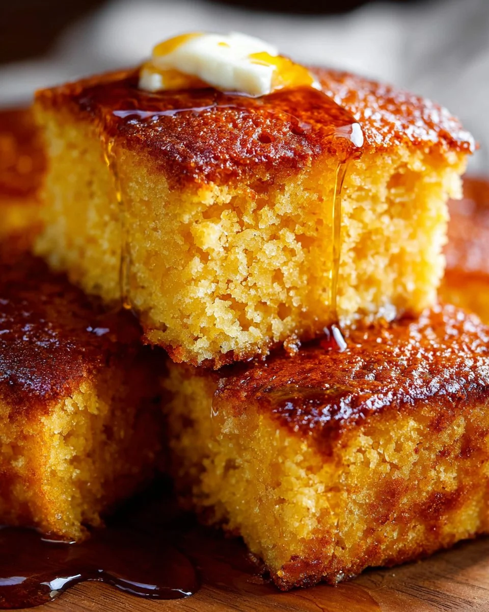 Deliciously moist buttermilk cornbread slice on a wooden table.