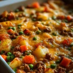 A delicious hobo casserole served in a dish, featuring meat and vegetables.