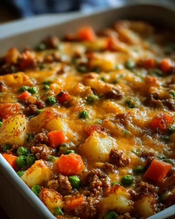 A delicious hobo casserole served in a dish, featuring meat and vegetables.